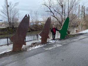 Fisher Mansion (1206 West 200 South) contains 3 sculptures and the green fish is called Decrayvion.